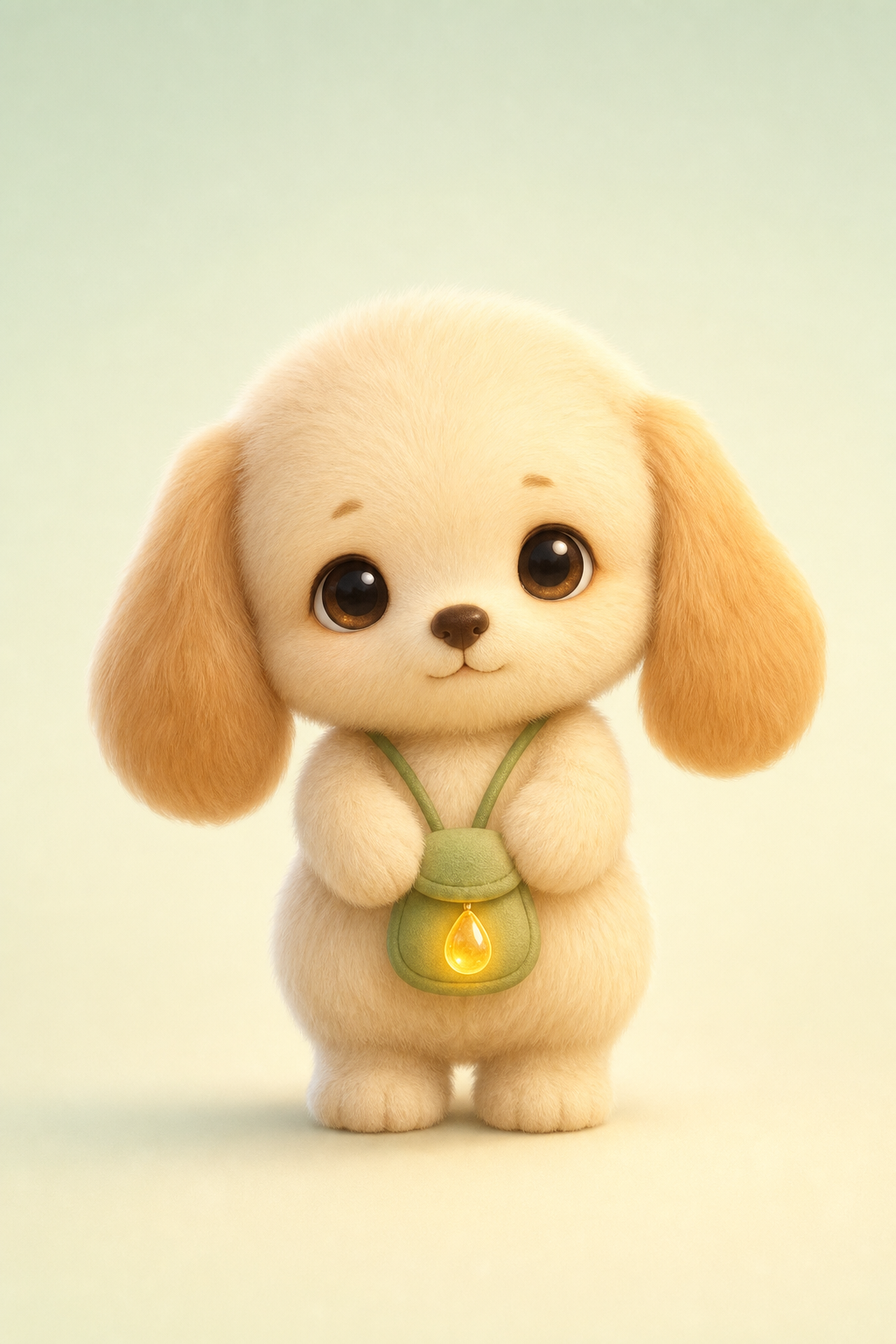 Momo, a fluffy cream puppy with big brown eyes
